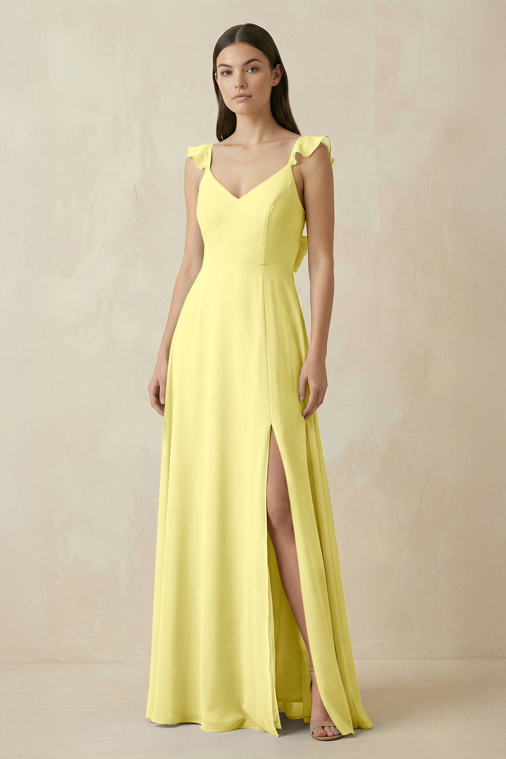 Ruffled Sleeve A - Line Chiffon Bridesmaid Dress in Buttercup - SHE IS ME Bridesmaid Dresses