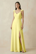 Ruffled Sleeve A - Line Chiffon Bridesmaid Dress in Buttercup - SHE IS ME Bridesmaid Dresses