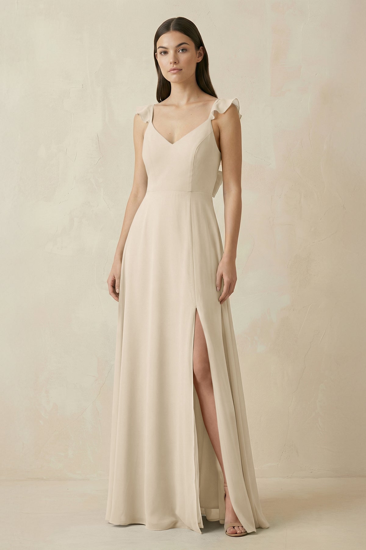 Ruffled Sleeve A - Line Chiffon Bridesmaid Dress in Champagne - SHE IS ME Bridesmaid Dresses