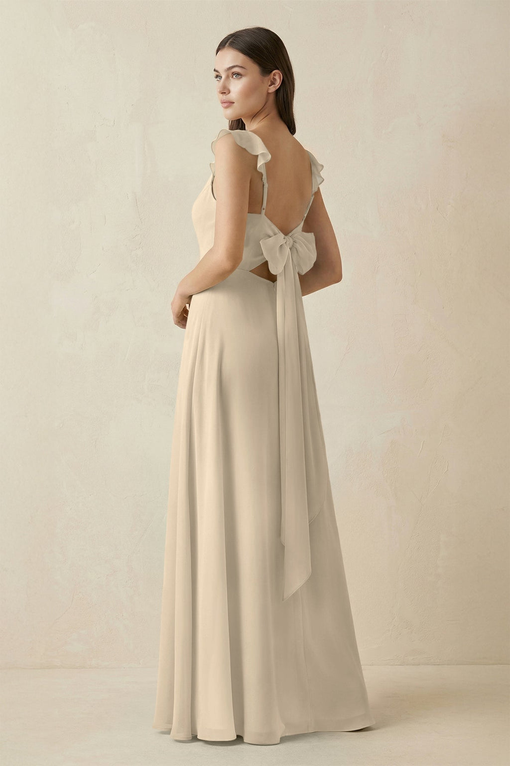 Ruffled Sleeve A - Line Chiffon Bridesmaid Dress in Champagne - SHE IS ME Bridesmaid Dresses