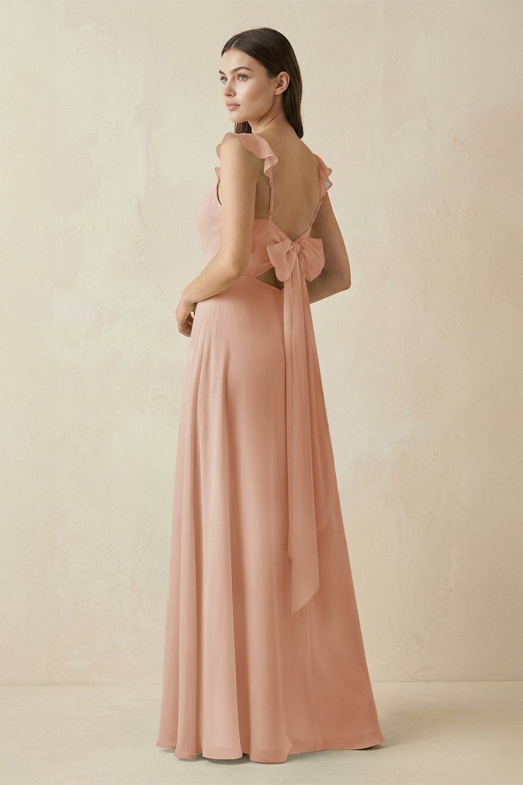 Ruffled Sleeve A - Line Chiffon Bridesmaid Dress in Champagne Rose - SHE IS ME Bridesmaid Dresses