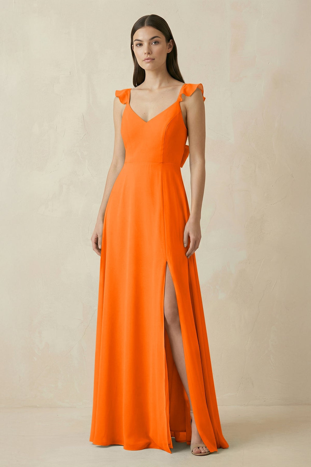 Ruffled Sleeve A - Line Chiffon Bridesmaid Dress in Cinnamon - SHE IS ME Bridesmaid Dresses