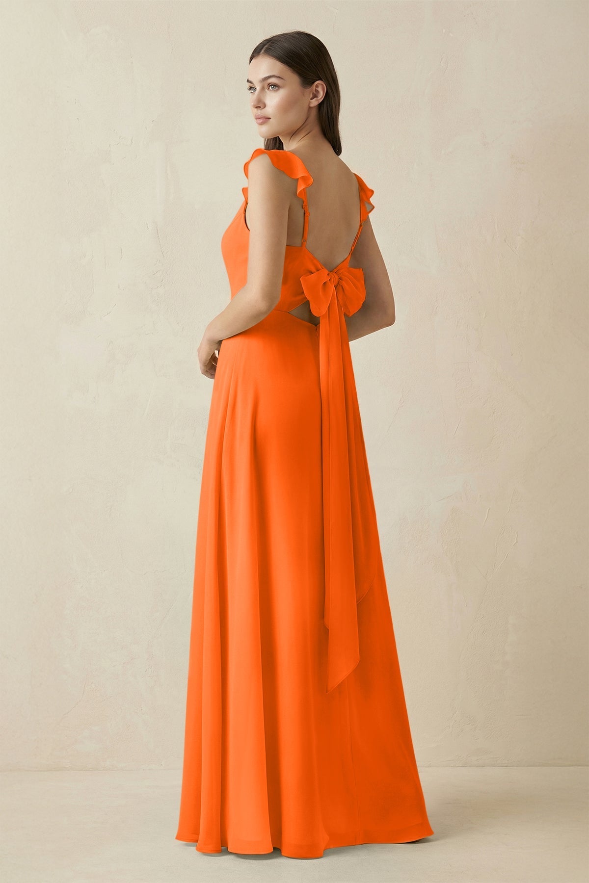 Ruffled Sleeve A - Line Chiffon Bridesmaid Dress in Cinnamon - SHE IS ME Bridesmaid Dresses