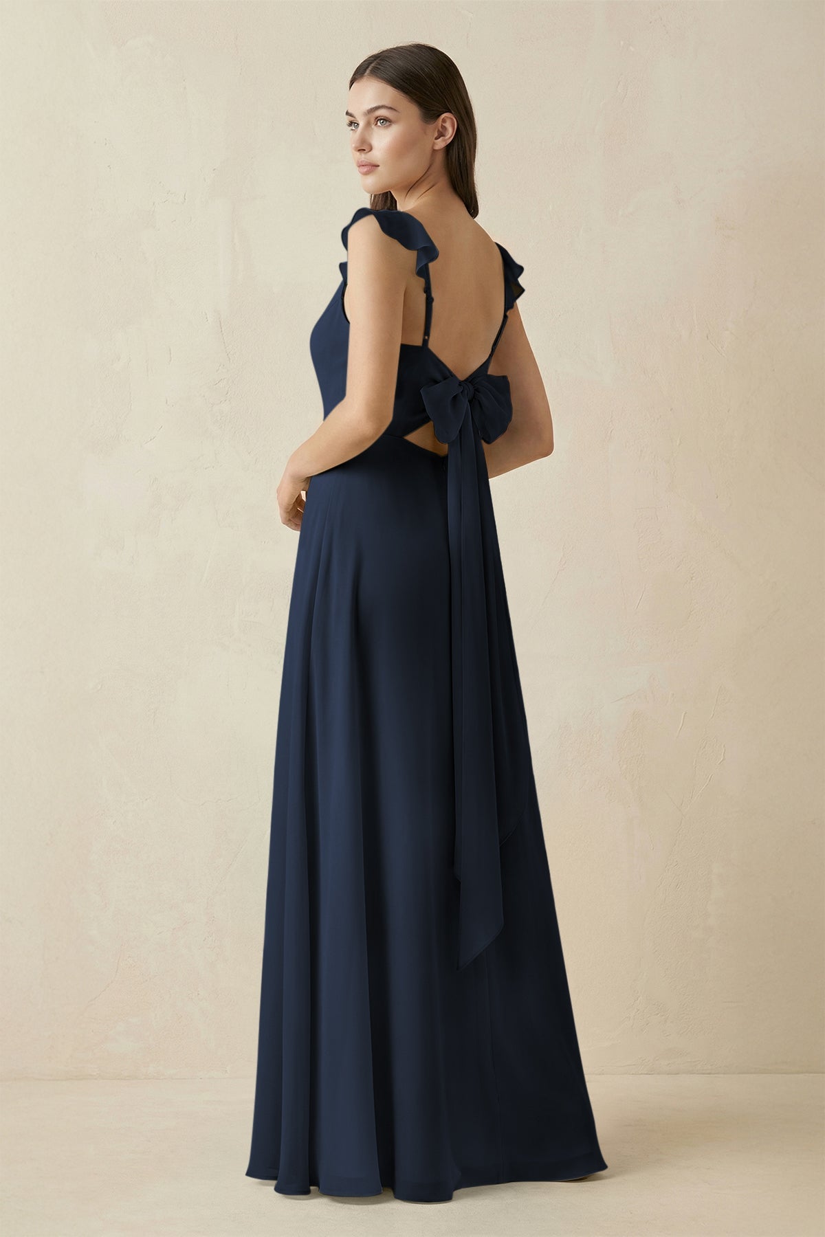 Ruffled Sleeve A - Line Chiffon Bridesmaid Dress in Dark Navy - SHE IS ME Bridesmaid Dresses