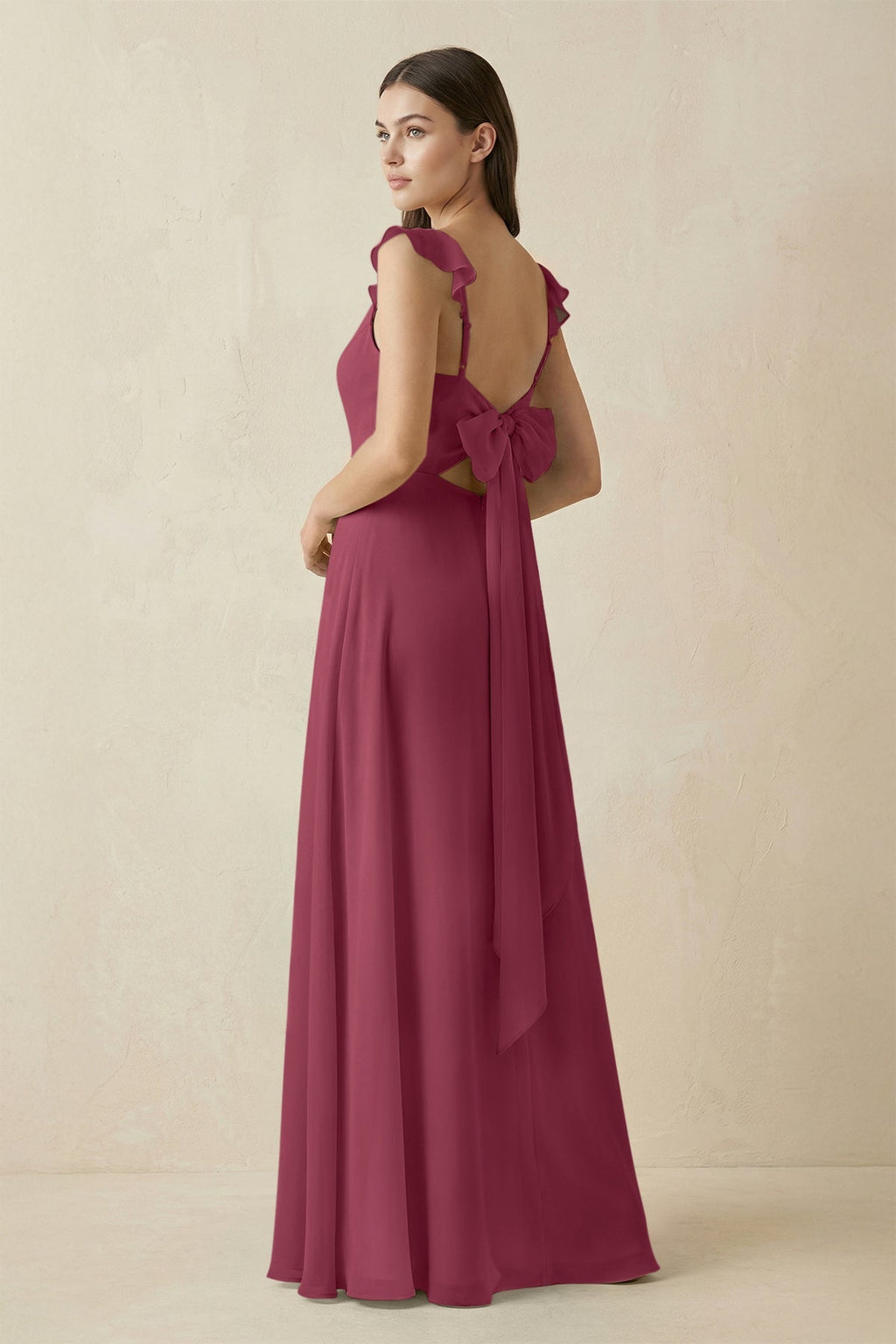 Ruffled Sleeve A - Line Chiffon Bridesmaid Dress in Desert Rose - SHE IS ME Bridesmaid Dresses