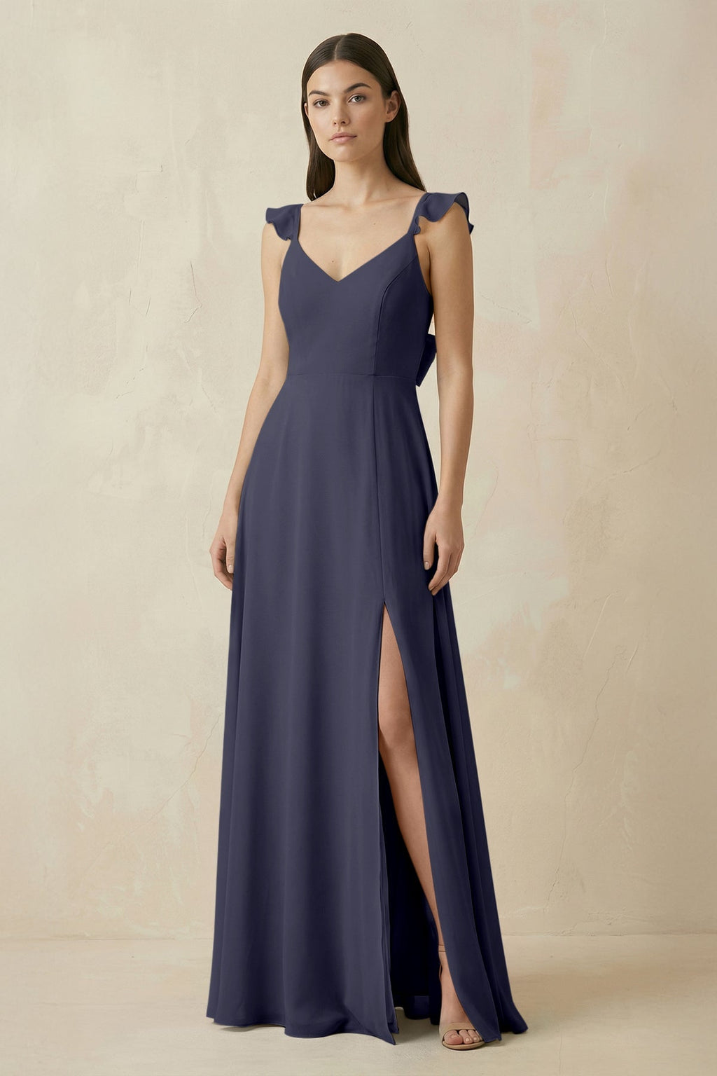 Ruffled Sleeve A - Line Chiffon Bridesmaid Dress in Dusk Blue - SHE IS ME Bridesmaid Dresses