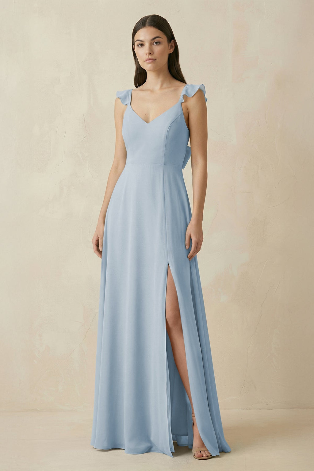 Ruffled Sleeve A - Line Chiffon Bridesmaid Dress in Dusty Blue - SHE IS ME Bridesmaid Dresses