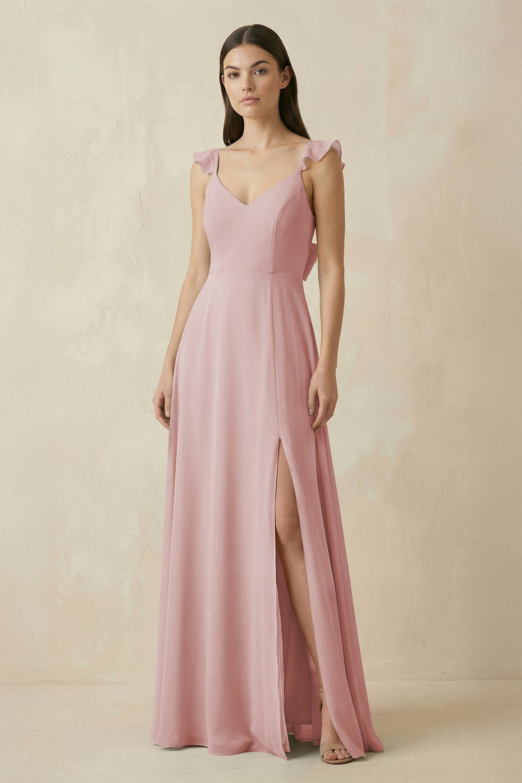Ruffled Sleeve A - Line Chiffon Bridesmaid Dress in Dusty Rose - SHE IS ME Bridesmaid Dresses