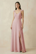 Ruffled Sleeve A - Line Chiffon Bridesmaid Dress in Dusty Rose - SHE IS ME Bridesmaid Dresses