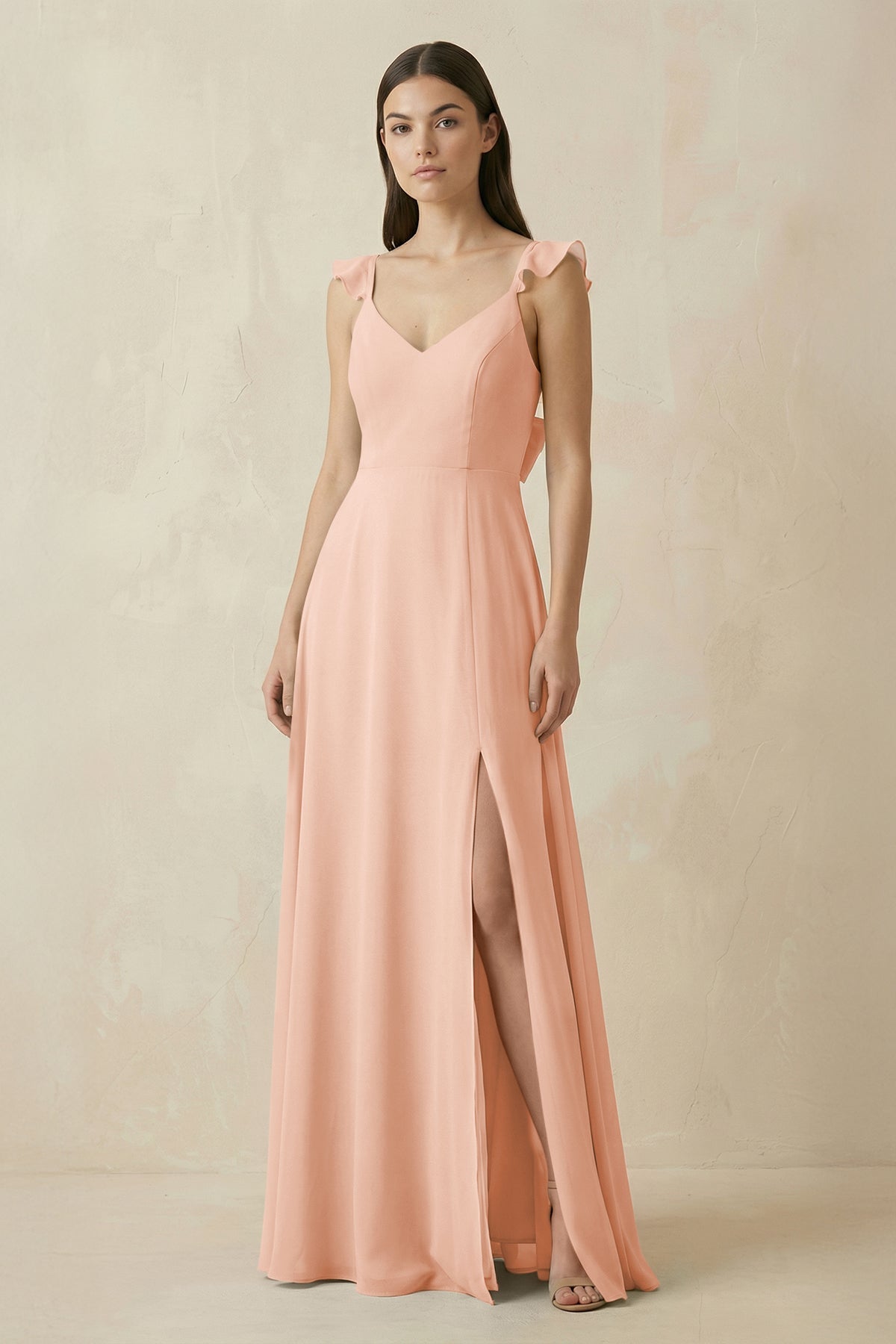 Ruffled Sleeve A - Line Chiffon Bridesmaid Dress in English Rose - SHE IS ME Bridesmaid Dresses