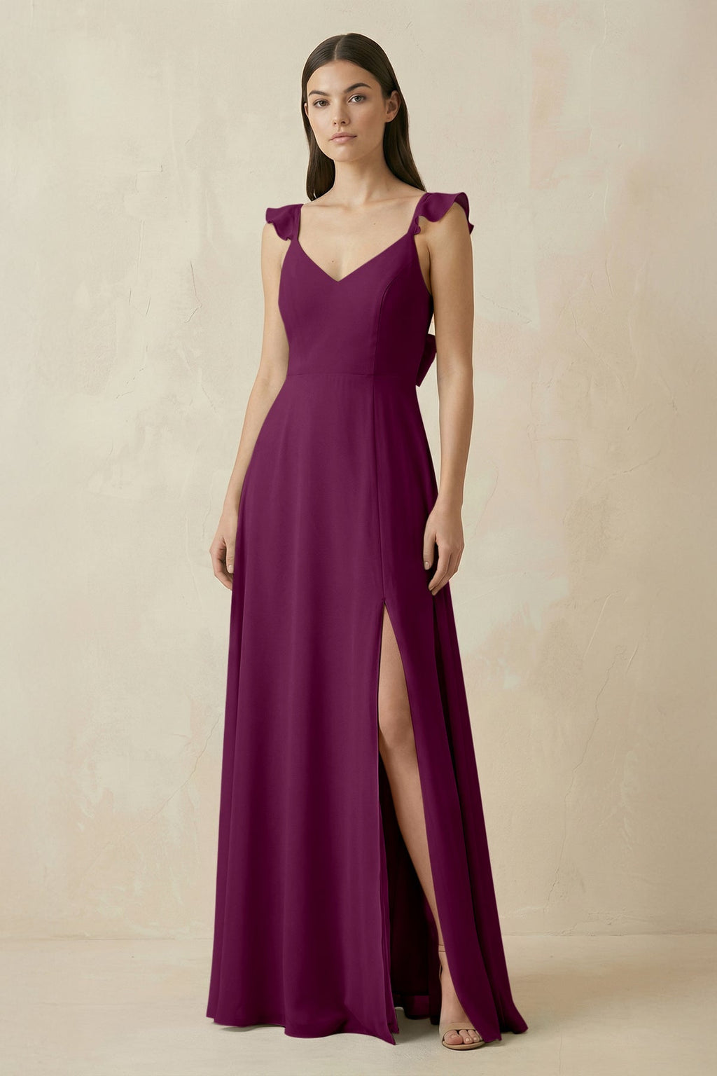 Ruffled Sleeve A - Line Chiffon Bridesmaid Dress in Fig - SHE IS ME Bridesmaid Dresses