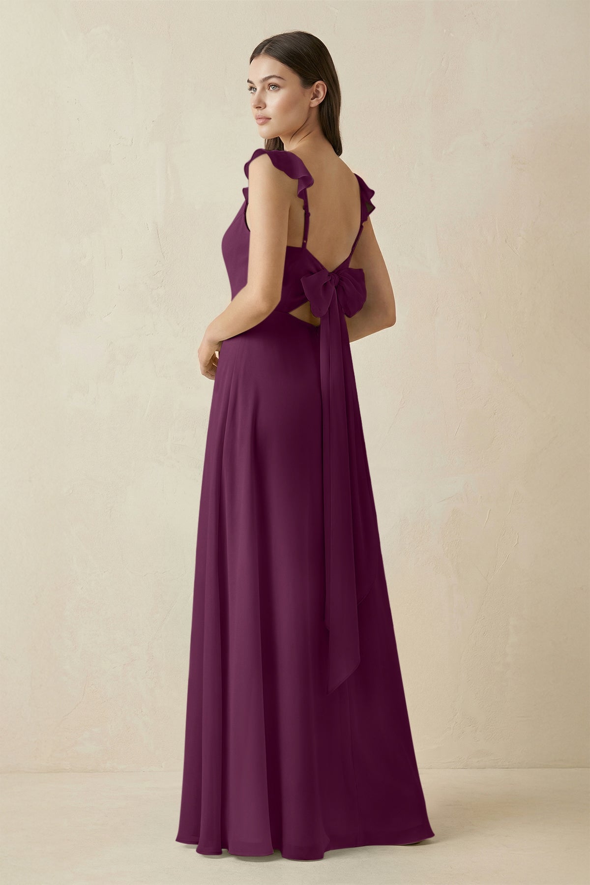 Ruffled Sleeve A - Line Chiffon Bridesmaid Dress in Fig - SHE IS ME Bridesmaid Dresses