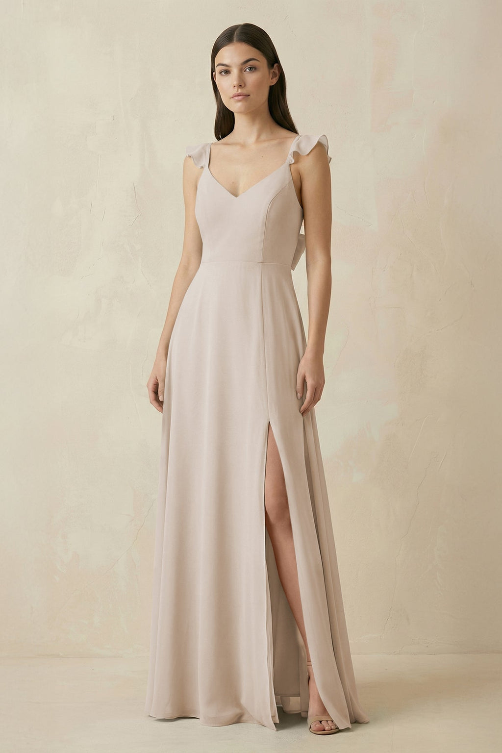 Ruffled Sleeve A - Line Chiffon Bridesmaid Dress in Frost - SHE IS ME Bridesmaid Dresses