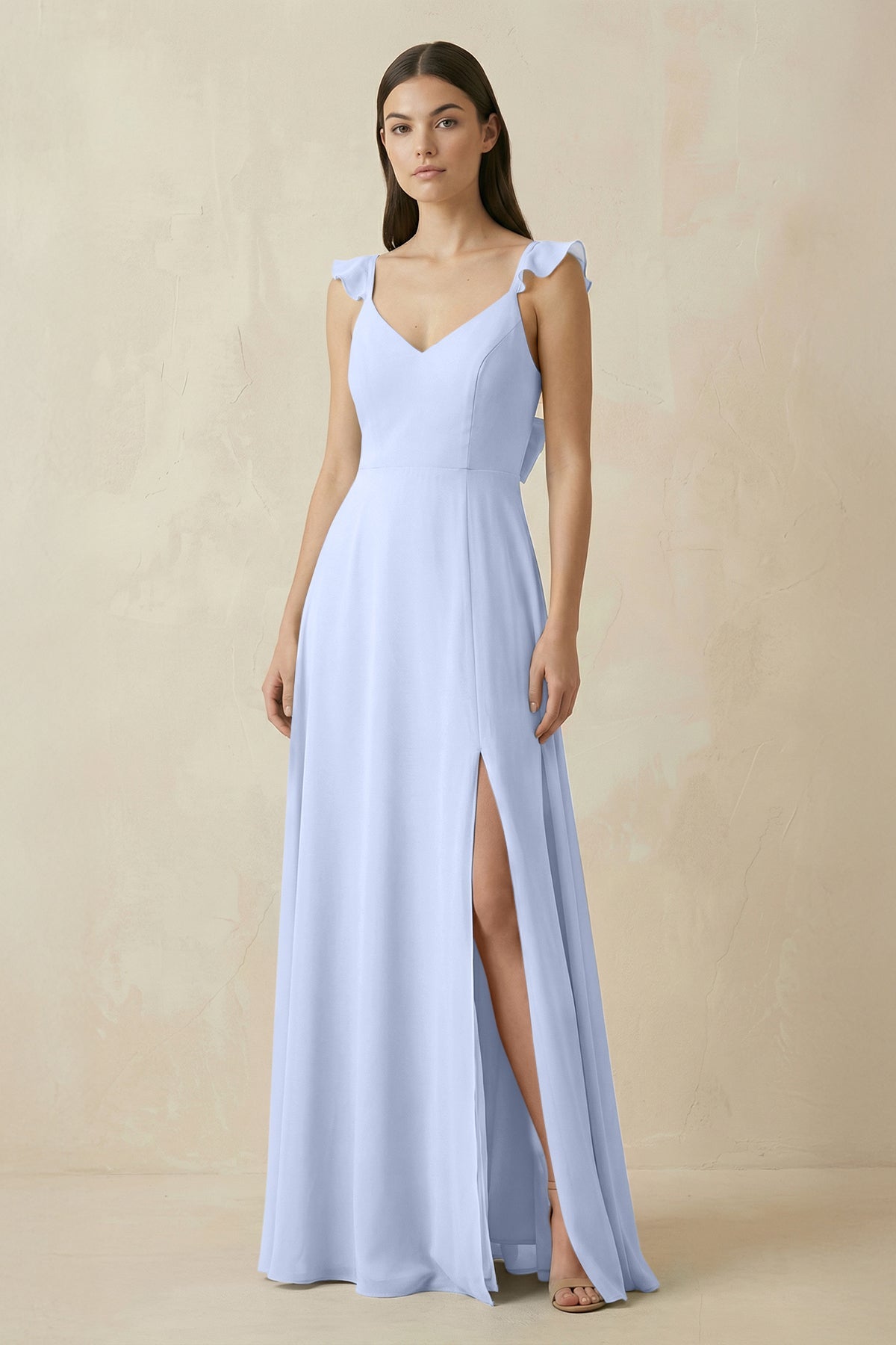 Ruffled Sleeve A - Line Chiffon Bridesmaid Dress in Ice - SHE IS ME Bridesmaid Dresses