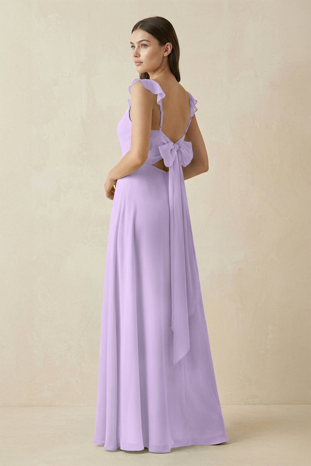 Ruffled Sleeve A - Line Chiffon Bridesmaid Dress in Lavender - SHE IS ME Bridesmaid Dresses