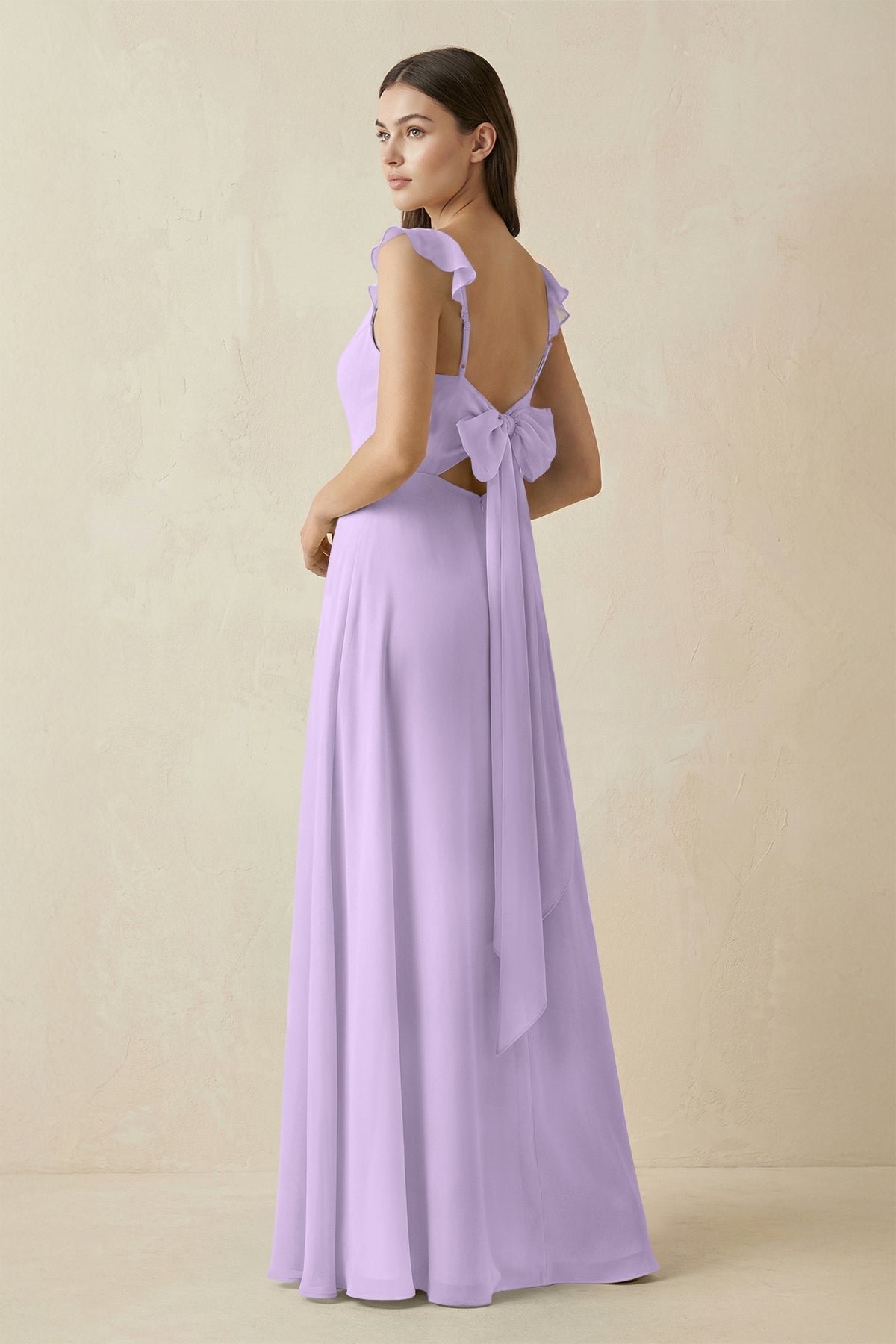 Ruffled Sleeve A - Line Chiffon Bridesmaid Dress in Lavender - SHE IS ME Bridesmaid Dresses