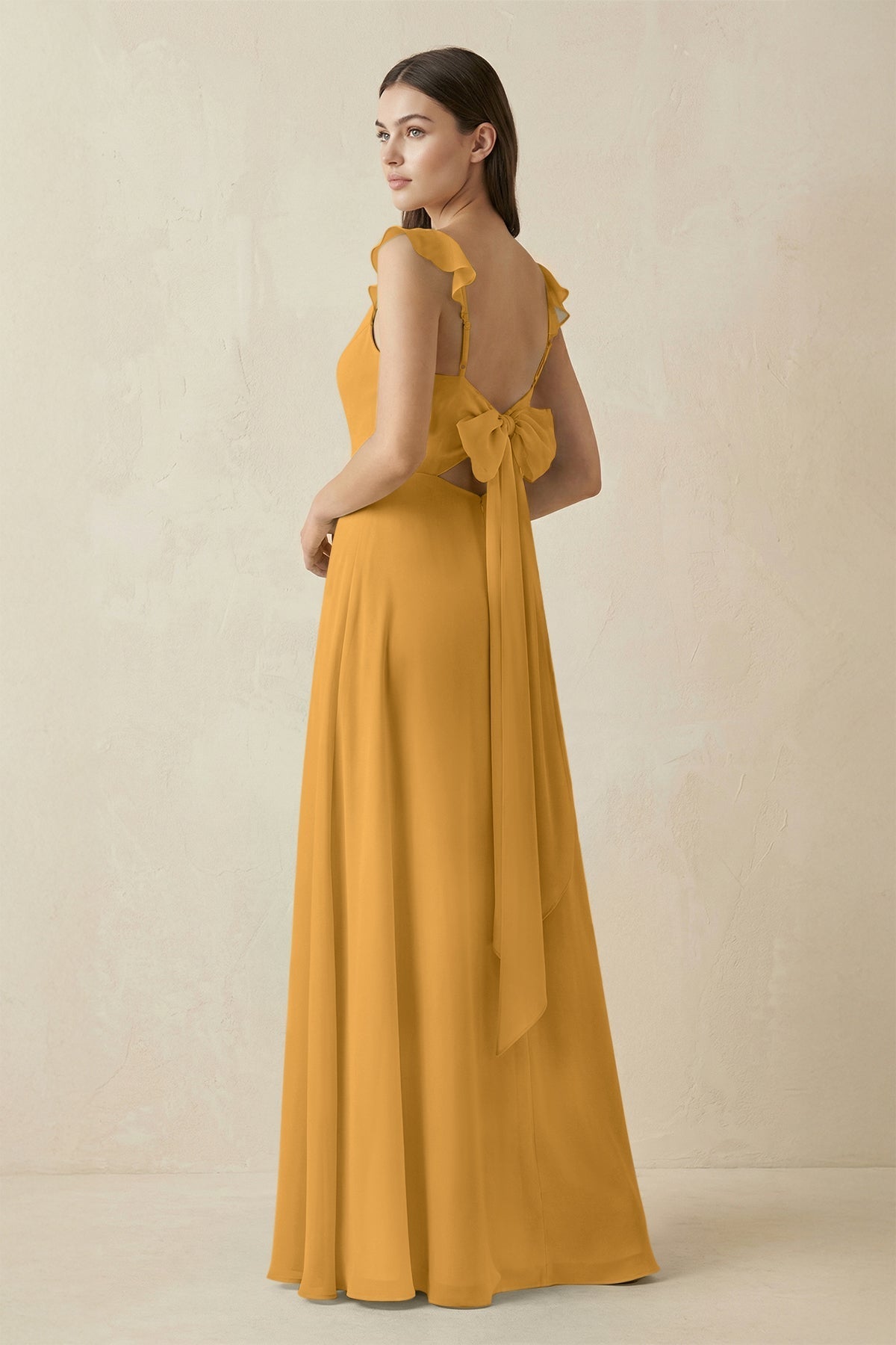 Ruffled Sleeve A - Line Chiffon Bridesmaid Dress in Marigold - SHE IS ME Bridesmaid Dresses