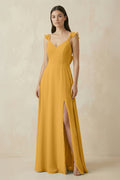 Ruffled Sleeve A - Line Chiffon Bridesmaid Dress in Marigold - SHE IS ME Bridesmaid Dresses