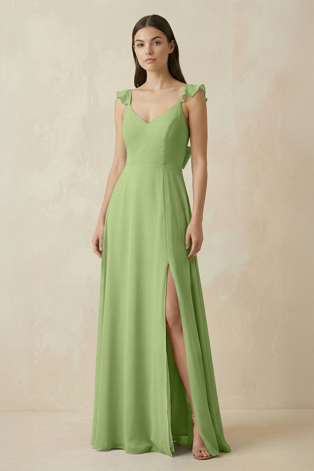 Ruffled Sleeve A - Line Chiffon Bridesmaid Dress in Matcha - SHE IS ME Bridesmaid Dresses