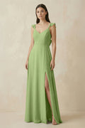 Ruffled Sleeve A - Line Chiffon Bridesmaid Dress in Matcha - SHE IS ME Bridesmaid Dresses