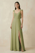 Ruffled Sleeve A - Line Chiffon Bridesmaid Dress in Moss Green - SHE IS ME Bridesmaid Dresses