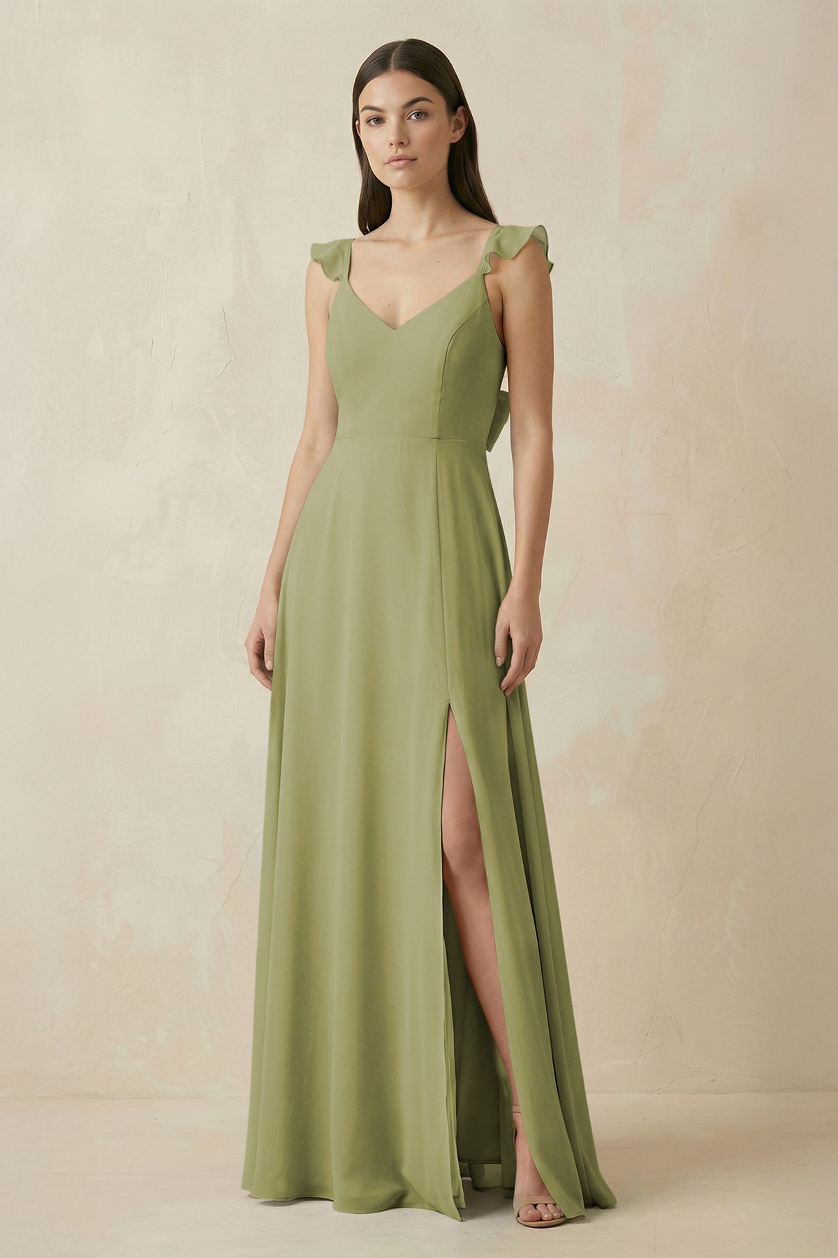 Ruffled Sleeve A - Line Chiffon Bridesmaid Dress in Moss Green - SHE IS ME Bridesmaid Dresses