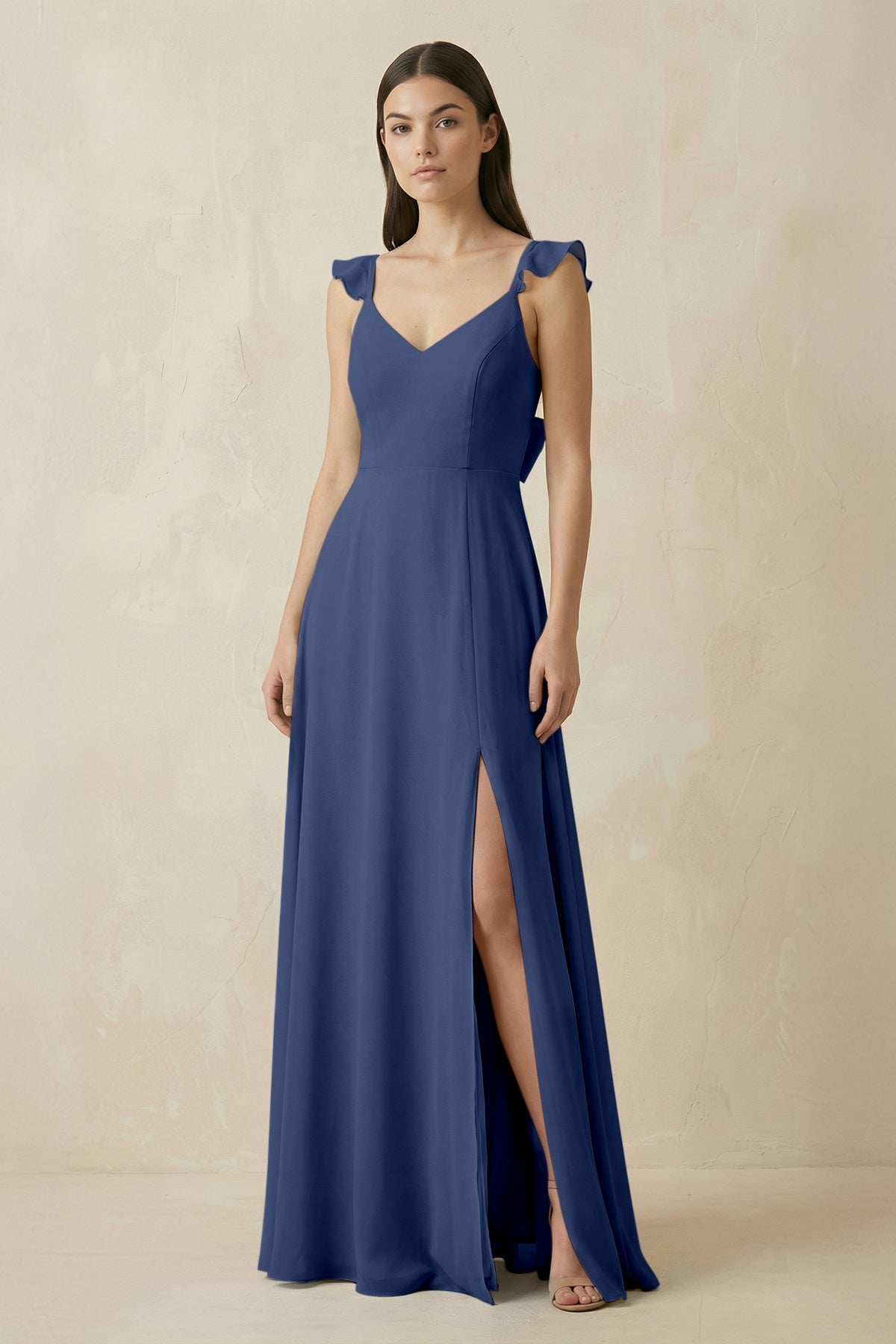 Ruffled Sleeve A - Line Chiffon Bridesmaid Dress in Navy - SHE IS ME Bridesmaid Dresses
