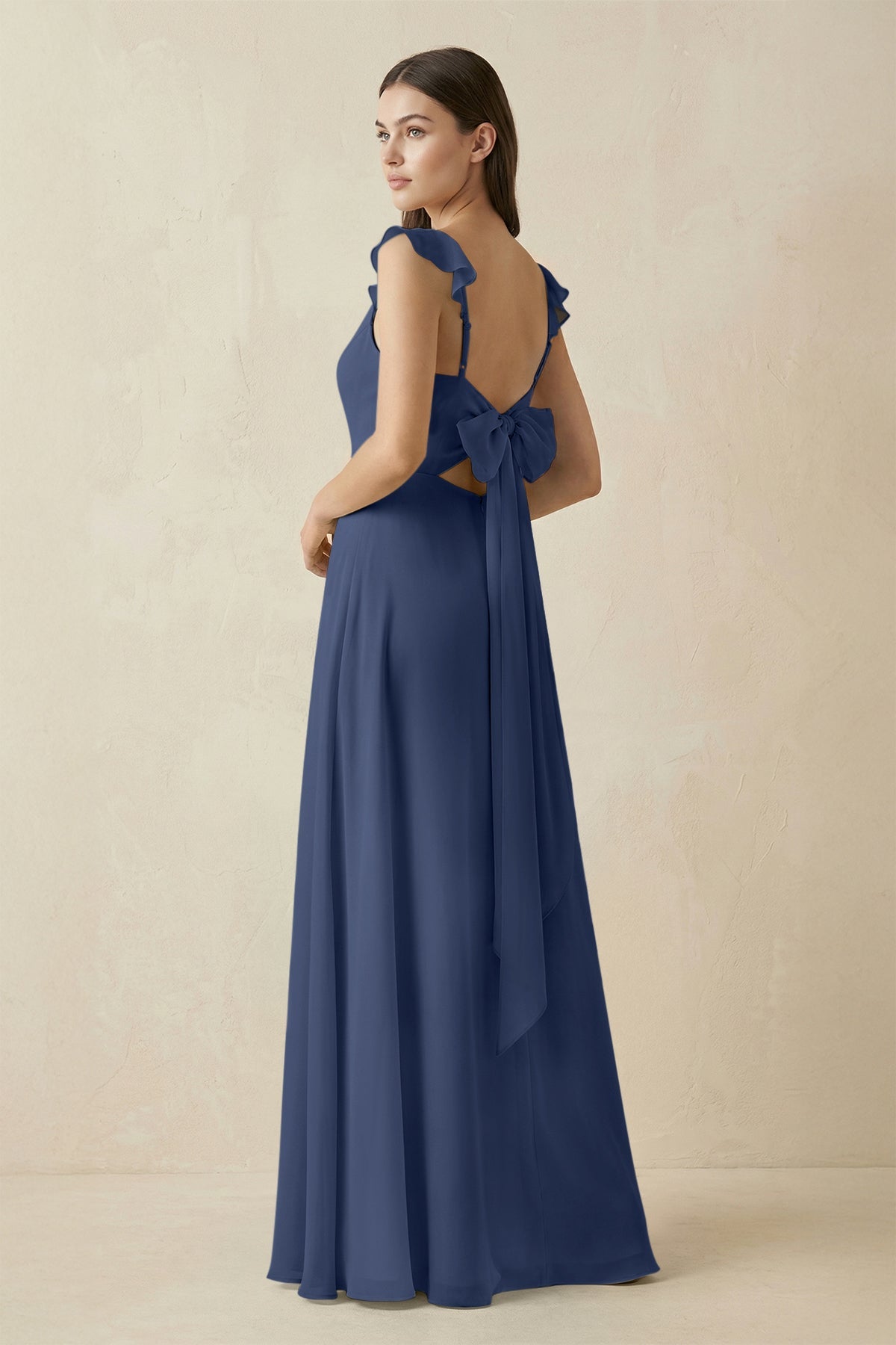 Ruffled Sleeve A - Line Chiffon Bridesmaid Dress in Navy - SHE IS ME Bridesmaid Dresses