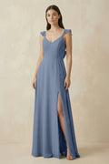 Ruffled Sleeve A - Line Chiffon Bridesmaid Dress in Neptune - SHE IS ME Bridesmaid Dresses