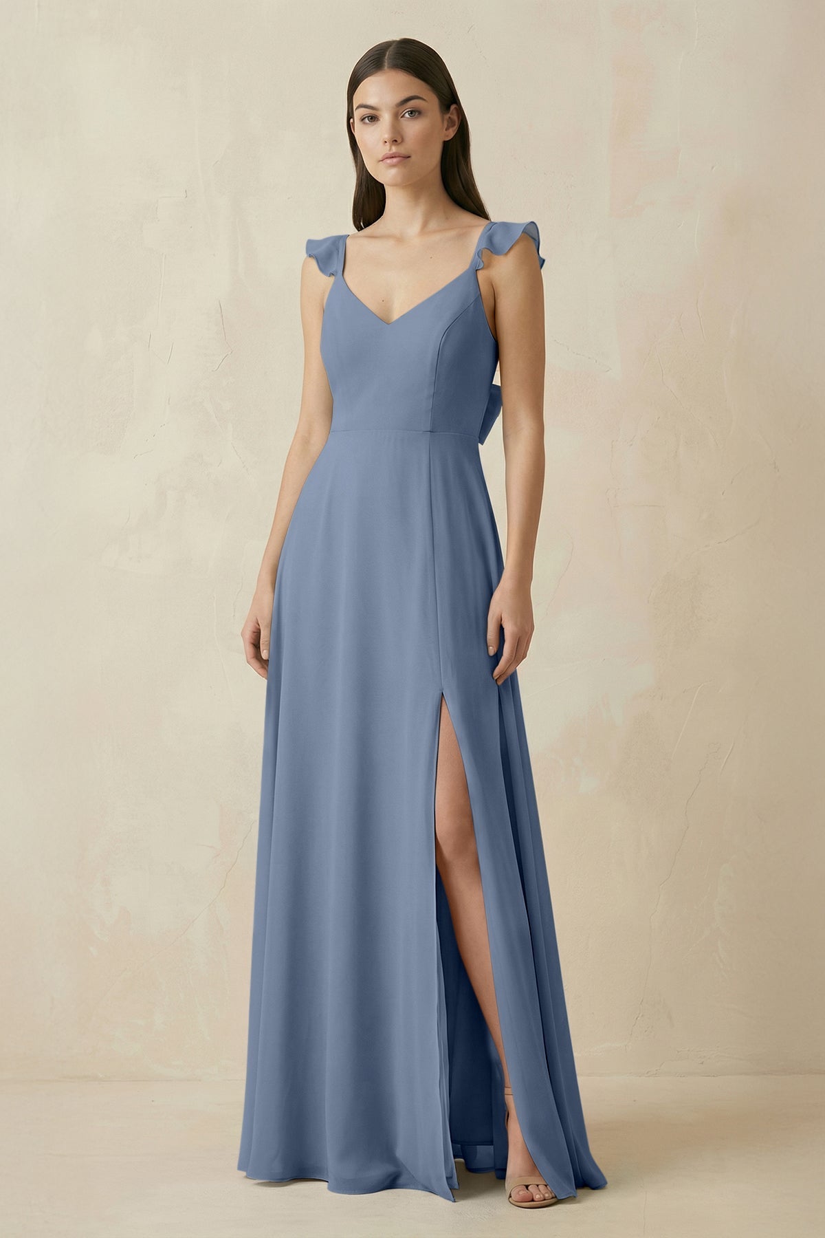 Ruffled Sleeve A - Line Chiffon Bridesmaid Dress in Neptune - SHE IS ME Bridesmaid Dresses