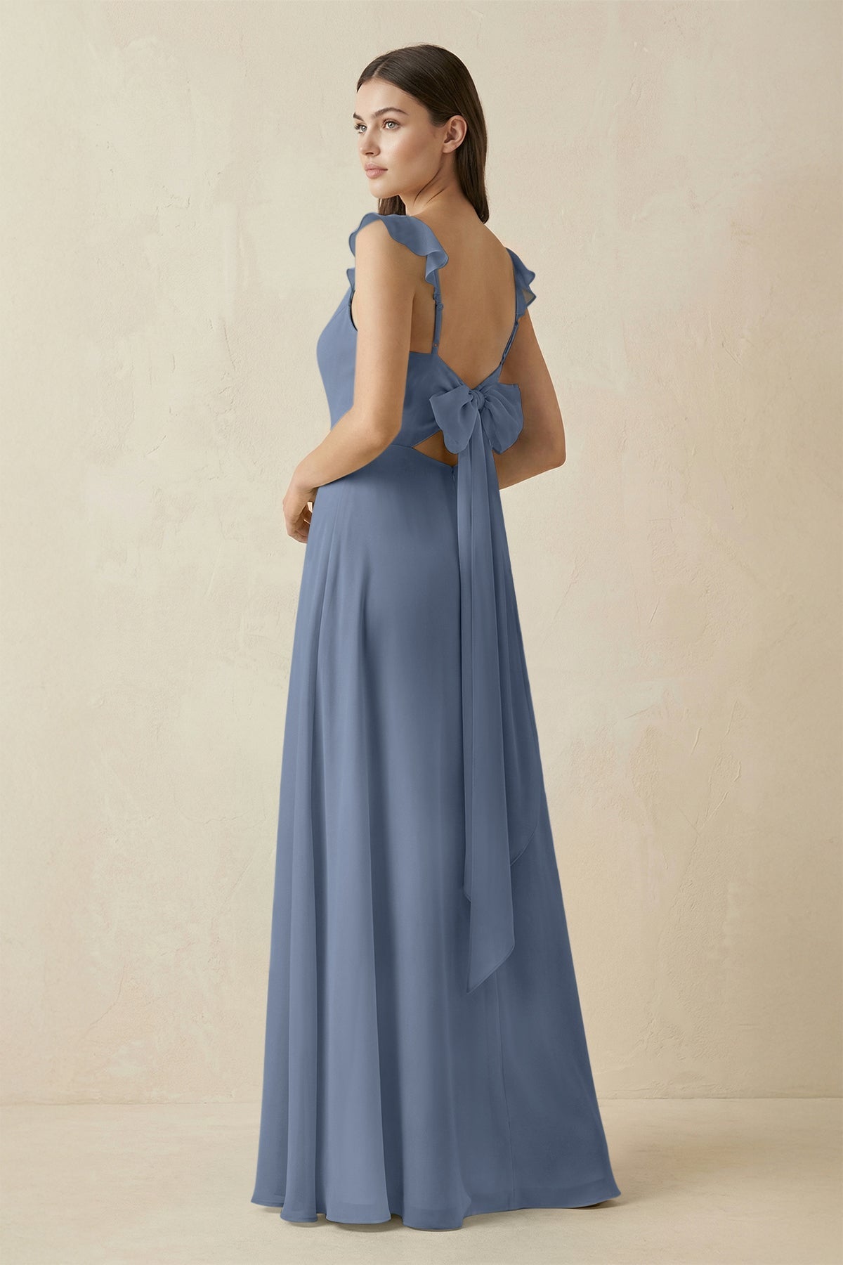 Ruffled Sleeve A - Line Chiffon Bridesmaid Dress in Neptune - SHE IS ME Bridesmaid Dresses