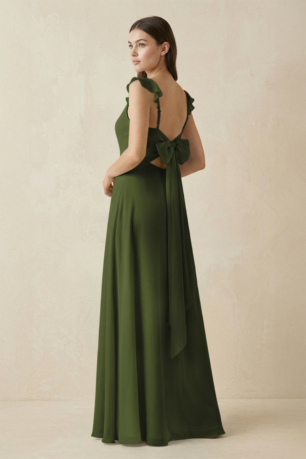Ruffled Sleeve A - Line Chiffon Bridesmaid Dress in Olive - SHE IS ME Bridesmaid Dresses