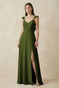 Ruffled Sleeve A - Line Chiffon Bridesmaid Dress in Olive - SHE IS ME Bridesmaid Dresses