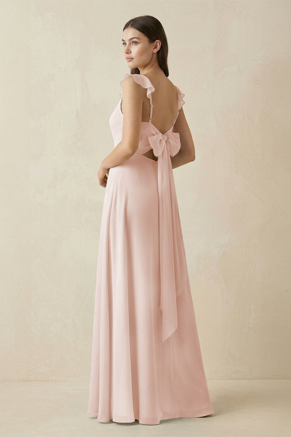 Ruffled Sleeve A - Line Chiffon Bridesmaid Dress in Pale Blush - SHE IS ME Bridesmaid Dresses