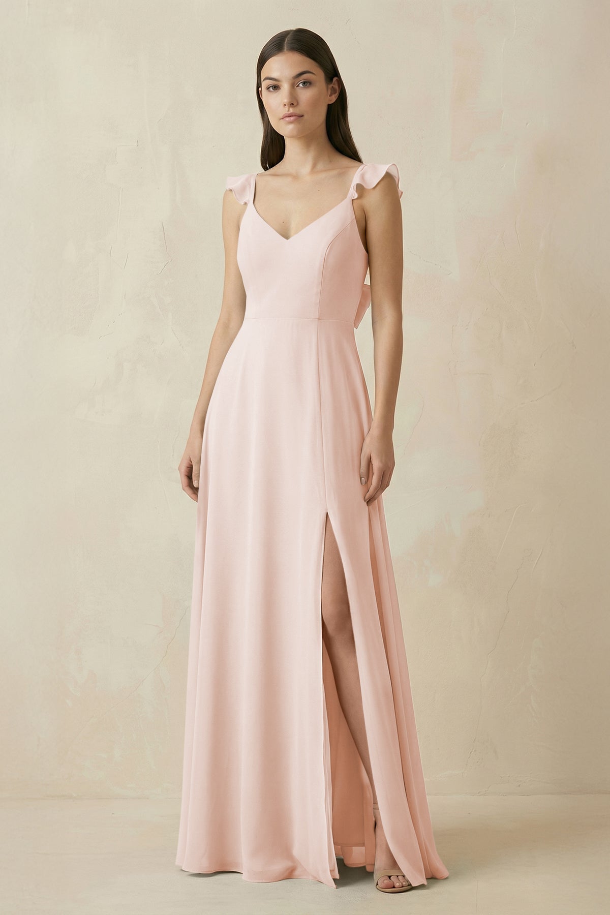 Ruffled Sleeve A - Line Chiffon Bridesmaid Dress in Pale Blush - SHE IS ME Bridesmaid Dresses