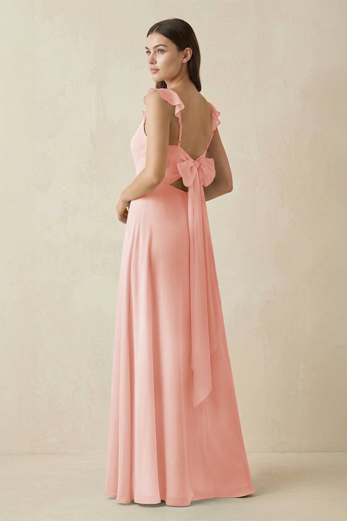 Ruffled Sleeve A - Line Chiffon Bridesmaid Dress in Rose Petal - SHE IS ME Bridesmaid Dresses