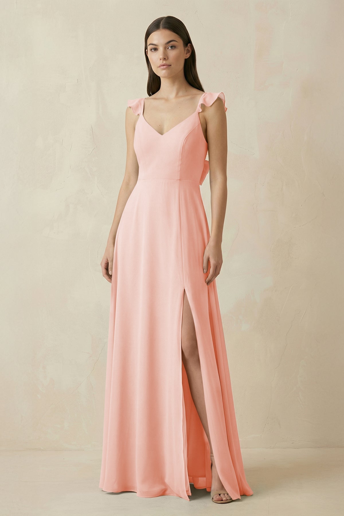 Ruffled Sleeve A - Line Chiffon Bridesmaid Dress in Rose Petal - SHE IS ME Bridesmaid Dresses