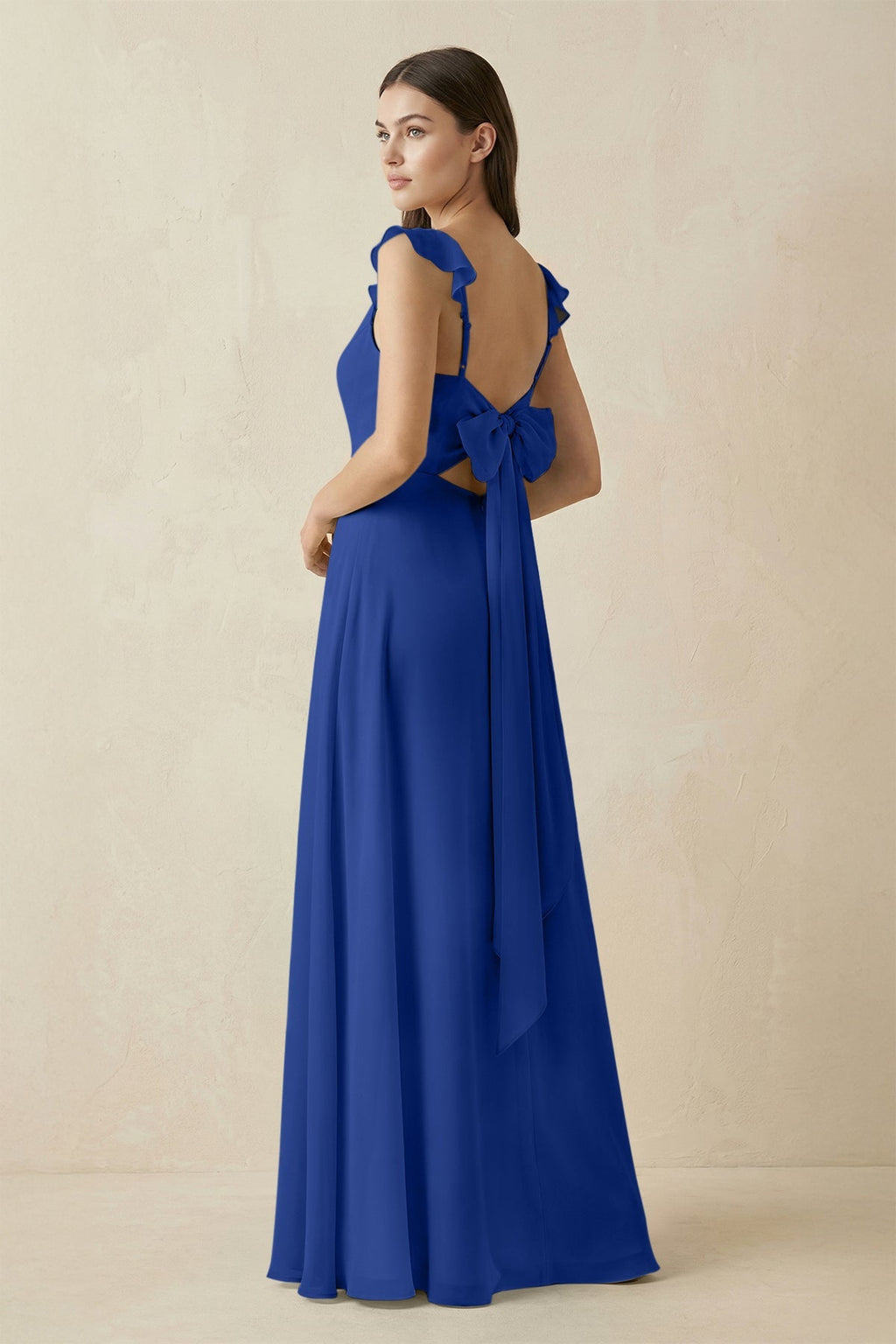 Ruffled Sleeve A - Line Chiffon Bridesmaid Dress in Royal Blue - SHE IS ME Bridesmaid Dresses