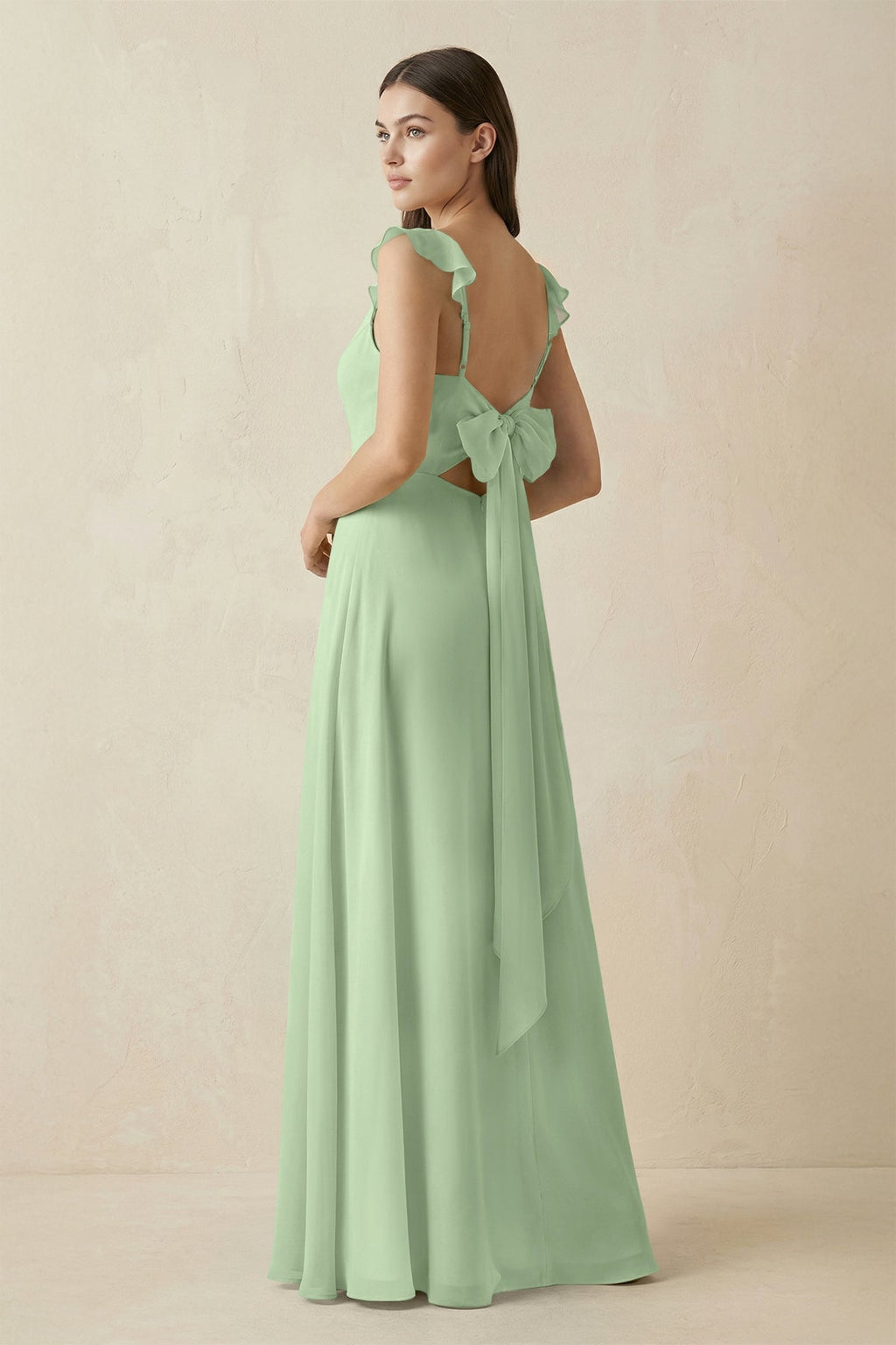 Ruffled Sleeve A - Line Chiffon Bridesmaid Dress in Sage - SHE IS ME Bridesmaid Dresses