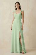 Ruffled Sleeve A - Line Chiffon Bridesmaid Dress in Sage - SHE IS ME Bridesmaid Dresses