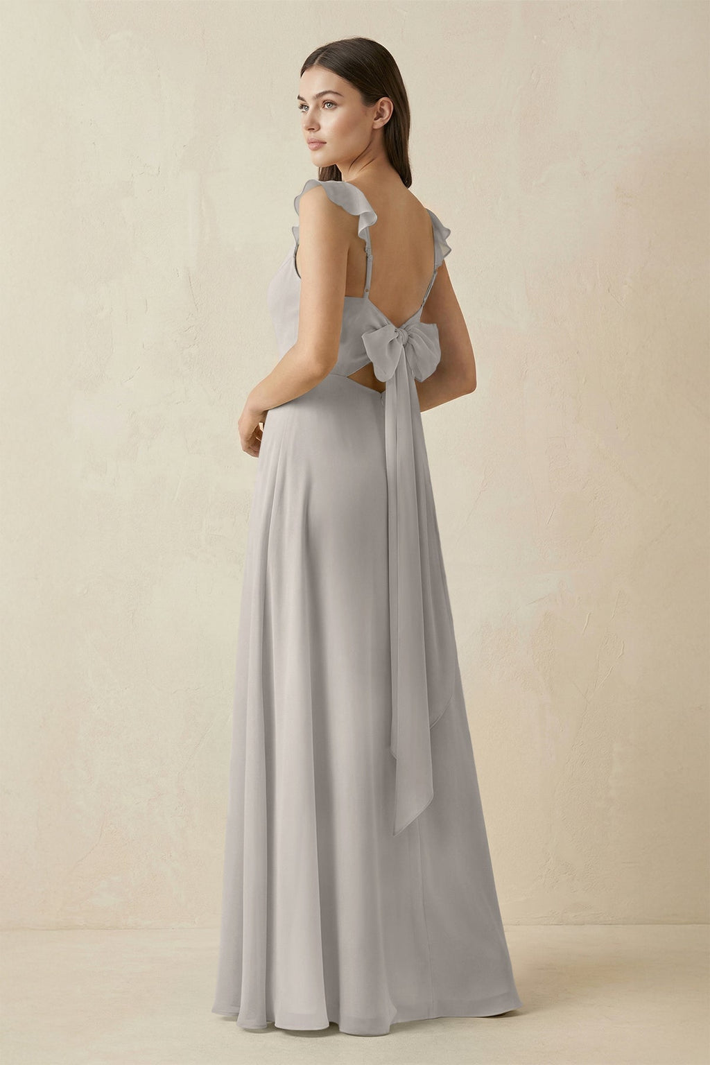 Ruffled Sleeve A - Line Chiffon Bridesmaid Dress in Silver - SHE IS ME Bridesmaid Dresses