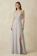 Ruffled Sleeve A - Line Chiffon Bridesmaid Dress in Silver - SHE IS ME Bridesmaid Dresses