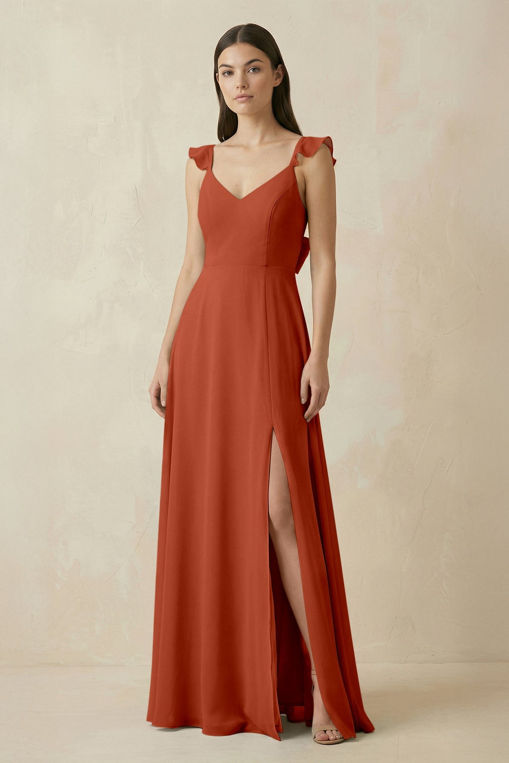 Ruffled Sleeve A - Line Chiffon Bridesmaid Dress in Spice - SHE IS ME Bridesmaid Dresses