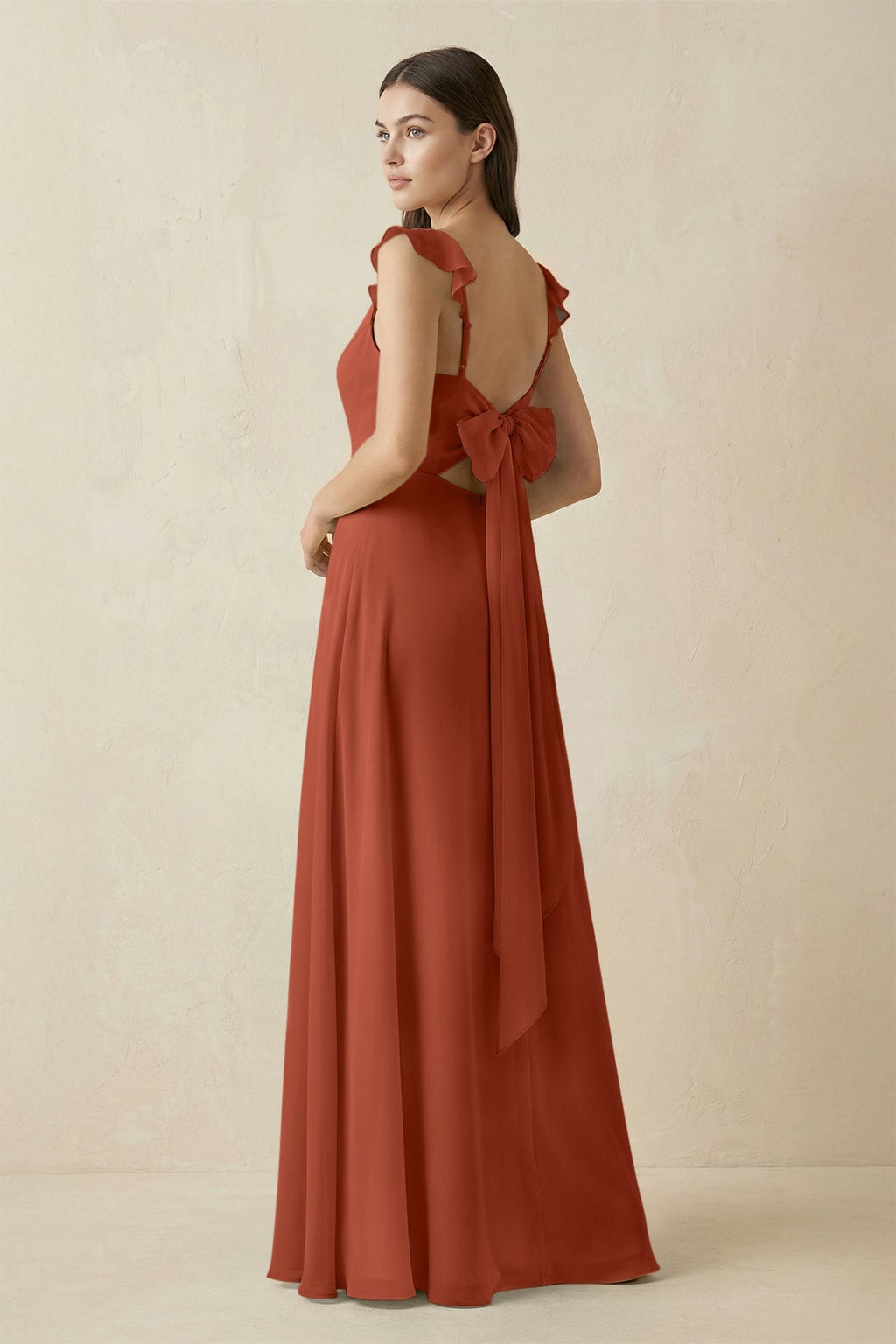 Ruffled Sleeve A - Line Chiffon Bridesmaid Dress in Spice - SHE IS ME Bridesmaid Dresses