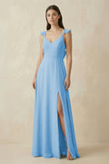 Ruffled Sleeve A - Line Chiffon Bridesmaid Dress in Steel Blue - SHE IS ME Bridesmaid Dresses