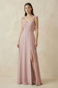 Ruffled Sleeve A - Line Chiffon Bridesmaid Dress in Toffee - SHE IS ME Bridesmaid Dresses