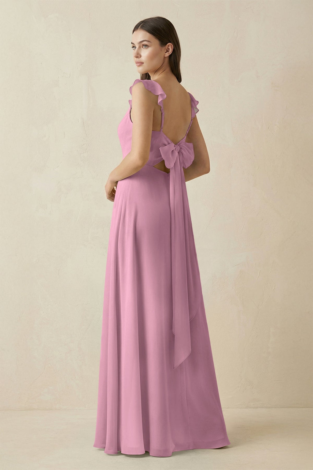 Ruffled Sleeve A - Line Chiffon Bridesmaid Dress in Vintage Mauve - SHE IS ME Bridesmaid Dresses