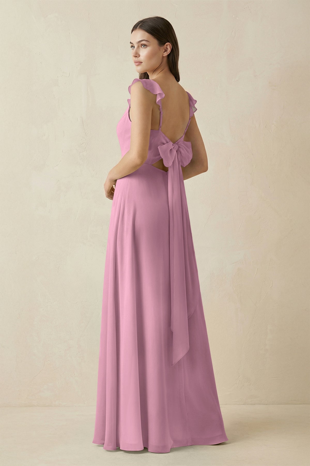 Ruffled Sleeve A - Line Chiffon Bridesmaid Dress in Vintage Mauve - SHE IS ME Bridesmaid Dresses