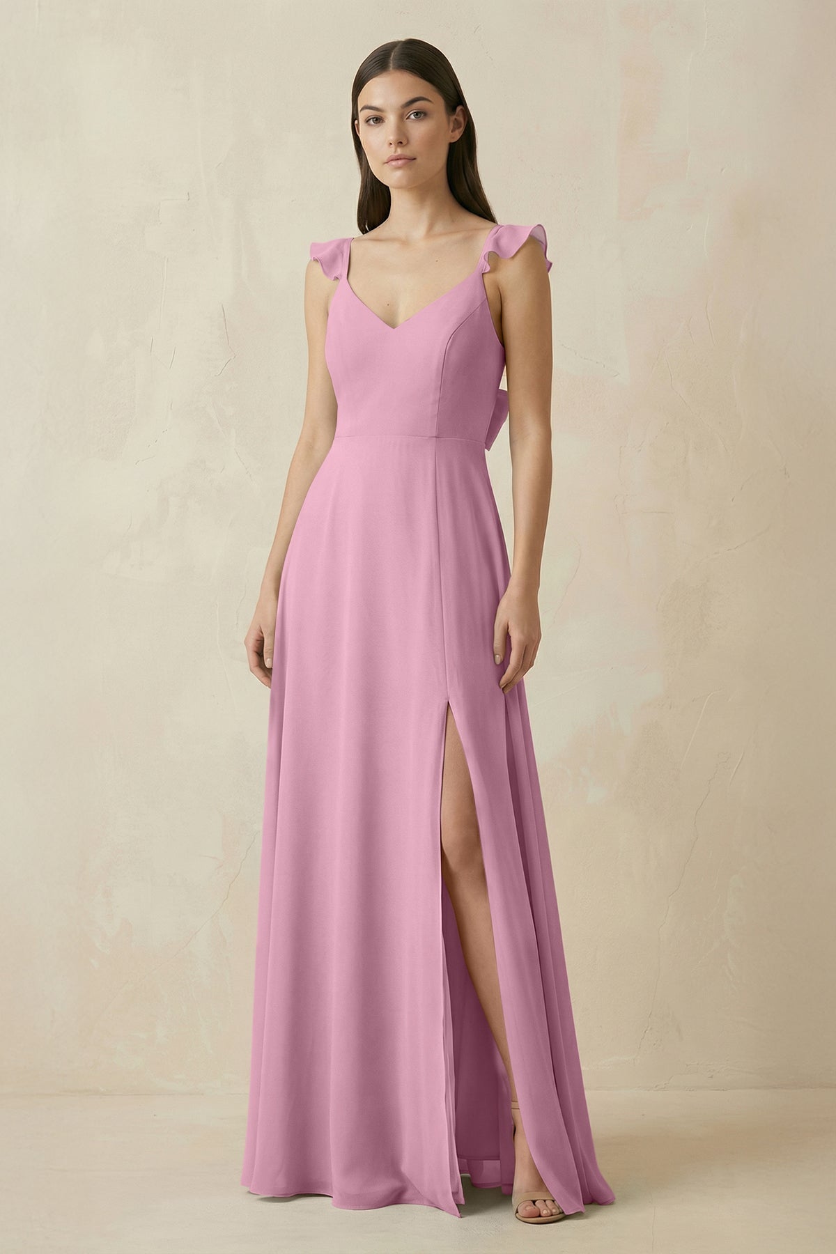 Ruffled Sleeve A - Line Chiffon Bridesmaid Dress in Vintage Mauve - SHE IS ME Bridesmaid Dresses