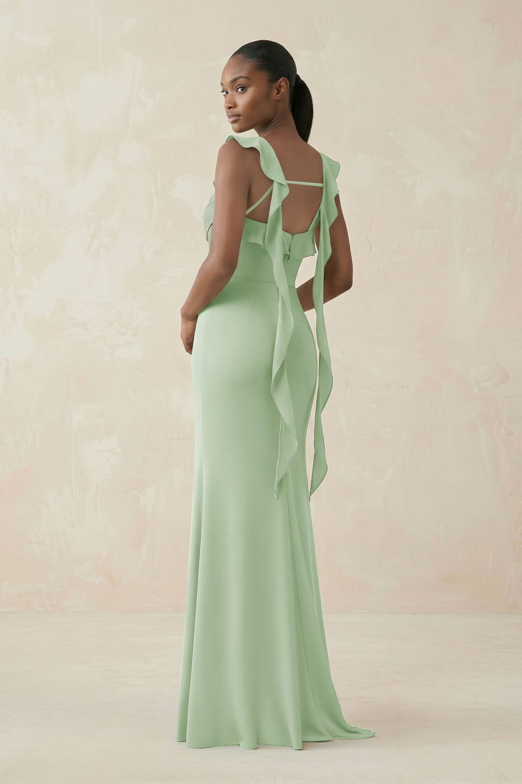 Ruffled Sleeve Sheath Satin Bridesmaid Dress in Sage - SHE IS ME Bridesmaid Dresses